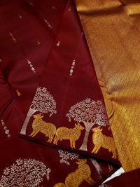 2G Pure Kanjivaram Silk Saree in Deep Maroon with Deer & Tree Zari Border | Silkmark Certified