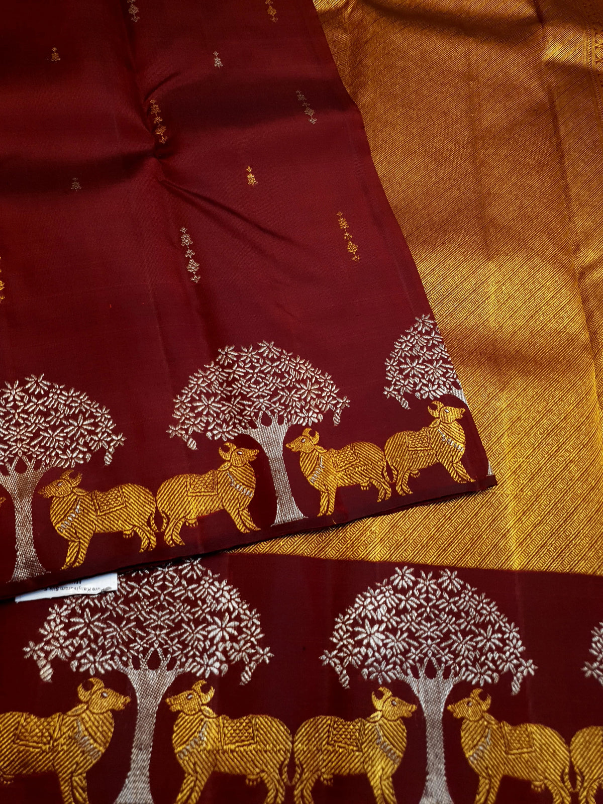 2G Pure Kanjivaram Silk Saree in Deep Maroon with Deer & Tree Zari Border | Silkmark Certified