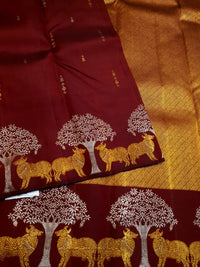 2G Pure Kanjivaram Silk Saree in Deep Maroon with Deer & Tree Zari Border | Silkmark Certified