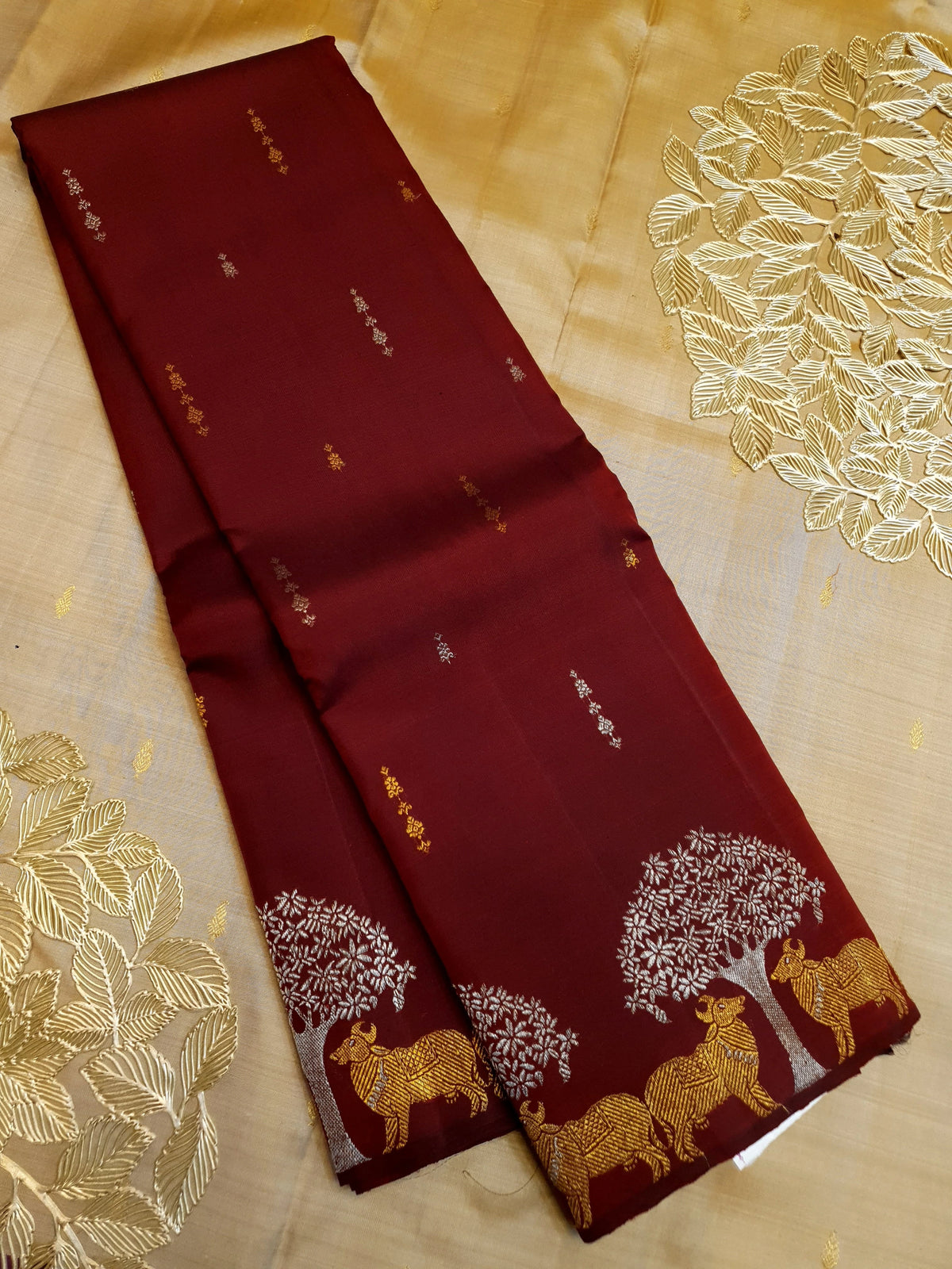 2G Pure Kanjivaram Silk Saree in Deep Maroon with Deer & Tree Zari Border | Silkmark Certified