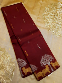 2G Pure Kanjivaram Silk Saree in Deep Maroon with Deer & Tree Zari Border | Silkmark Certified