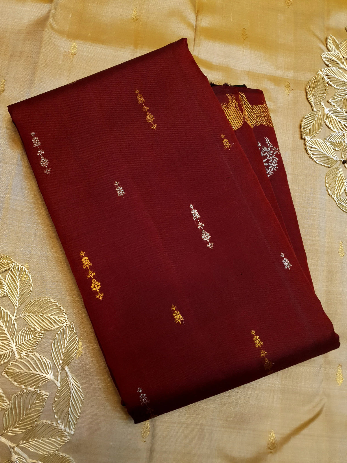 2G Pure Kanjivaram Silk Saree in Deep Maroon with Deer & Tree Zari Border | Silkmark Certified