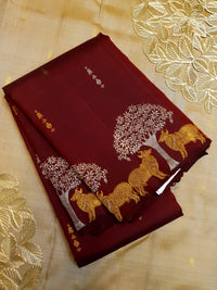 2G Pure Kanjivaram Silk Saree in Deep Maroon with Deer & Tree Zari Border | Silkmark Certified