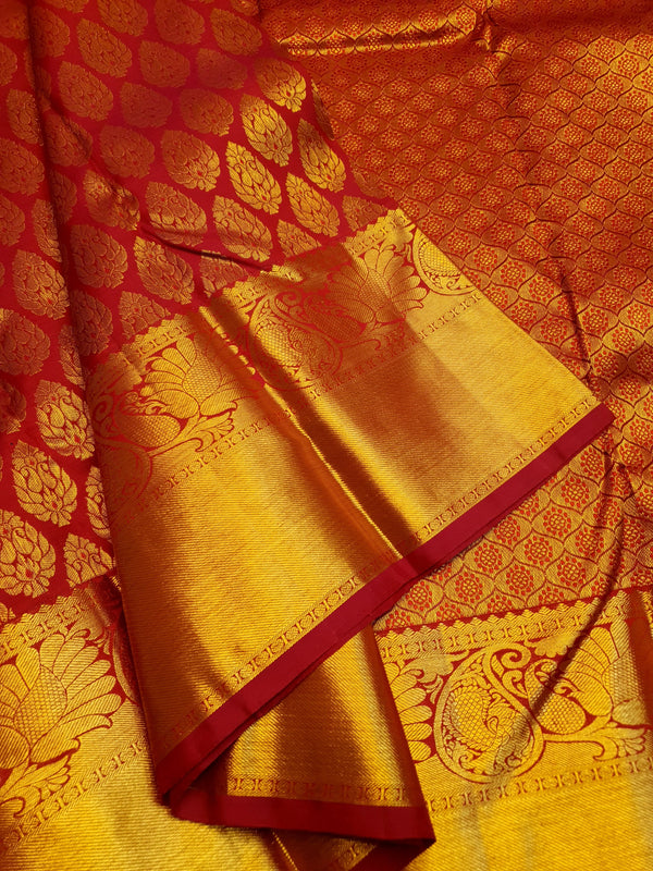 2G Pure Kanjivaram Silk Saree in Red with Rich Gold Zari Floral Buttas & Grand Zari Pallu | Silkmark Certified