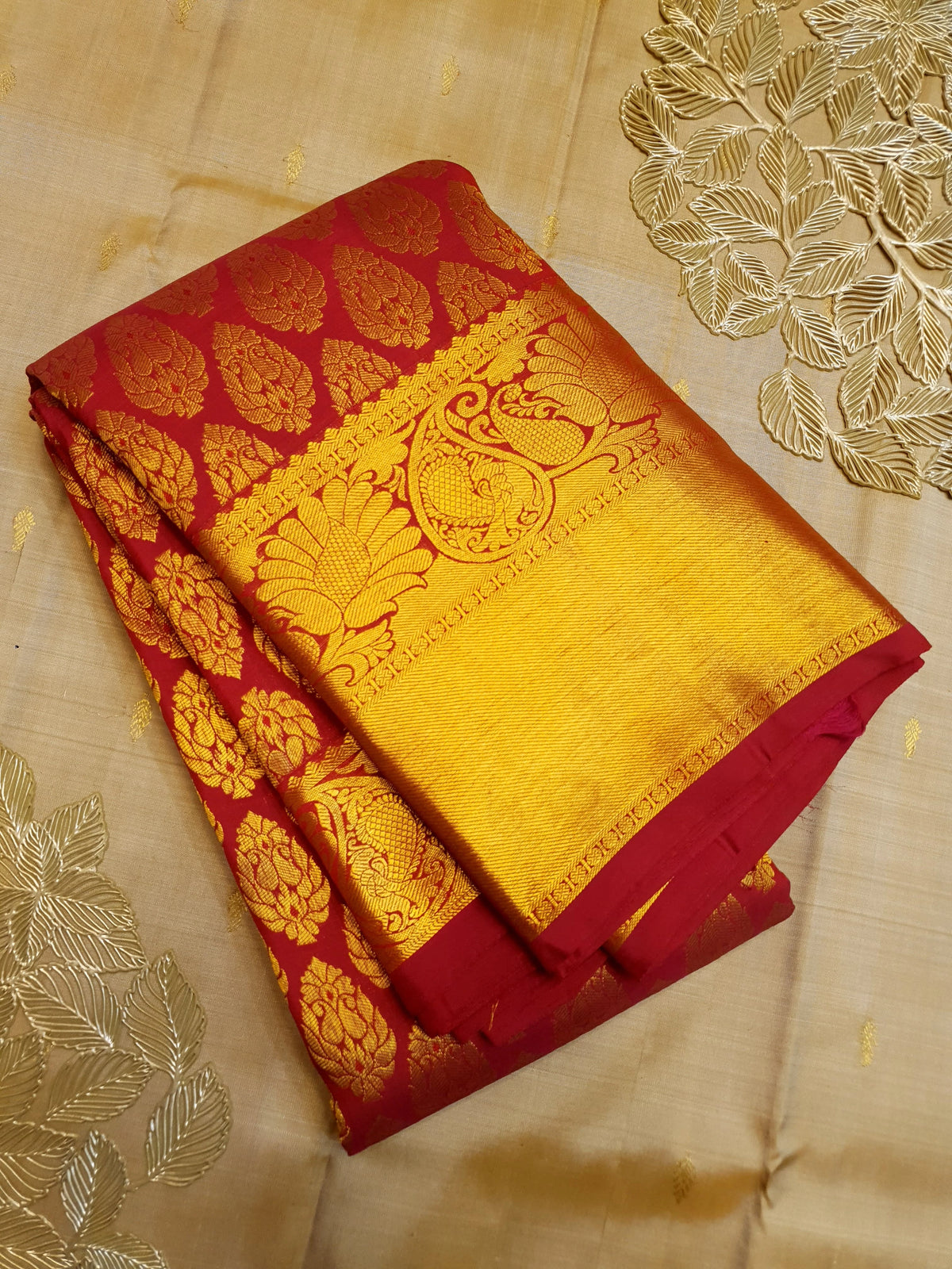 2G Pure Kanjivaram Silk Saree in Red with Rich Gold Zari Floral Buttas & Grand Zari Pallu | Silkmark Certified