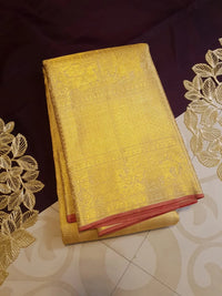 2G Pure Zari Kanjivaram Silk Saree in Golden Yellow with Rich Gold Zari Peacock Motifs, Floral & Geometric Weave Border | Silkmark Certified