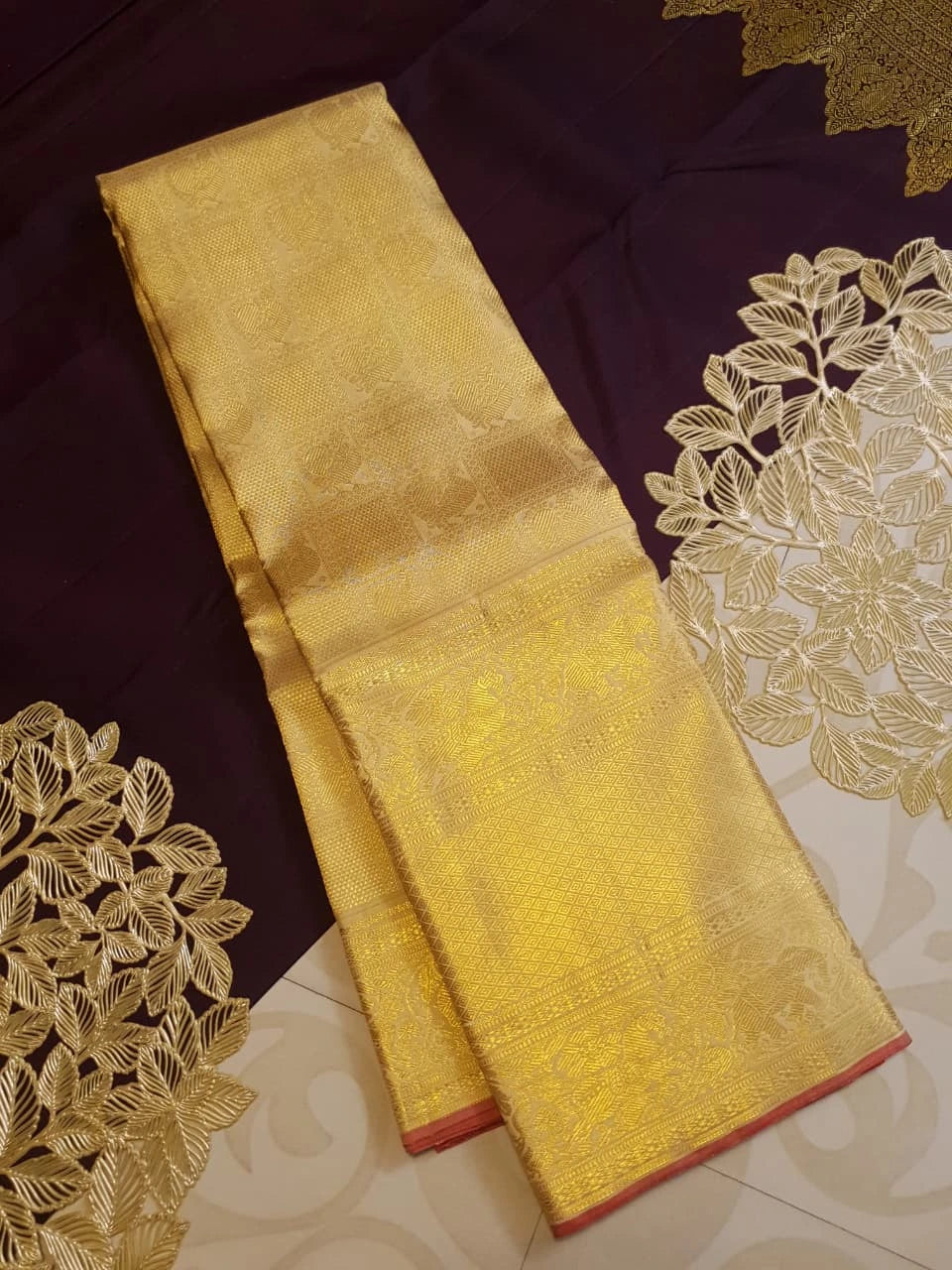 2G Pure Zari Kanjivaram Silk Saree in Golden Yellow with Rich Gold Zari Peacock Motifs, Floral & Geometric Weave Border | Silkmark Certified