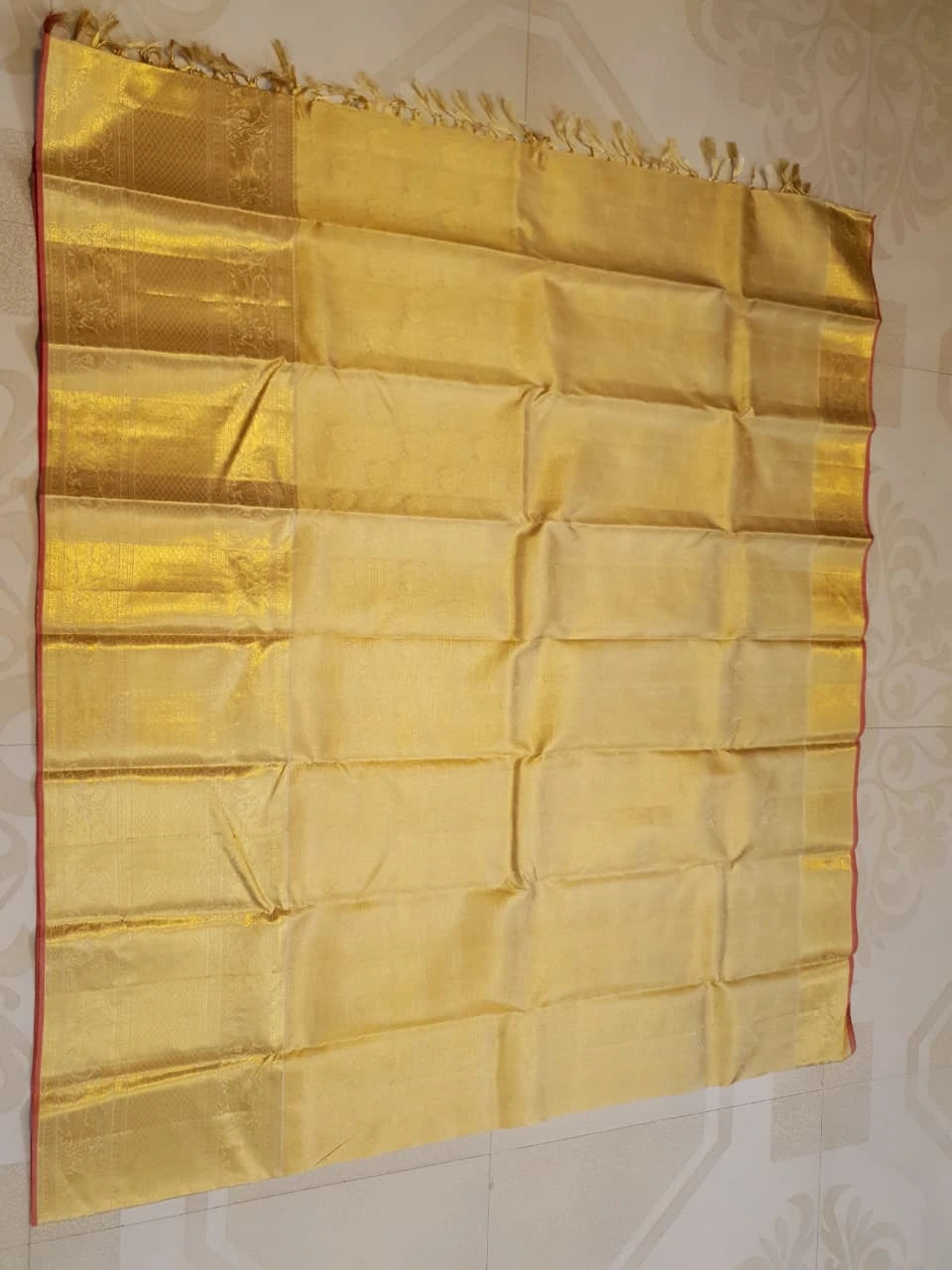 2G Pure Zari Kanjivaram Silk Saree in Golden Yellow with Rich Gold Zari Peacock Motifs, Floral & Geometric Weave Border | Silkmark Certified