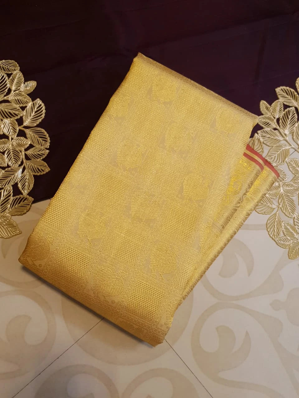 2G Pure Zari Kanjivaram Silk Saree in Golden Yellow with Rich Gold Zari Peacock Motifs, Floral & Geometric Weave Border | Silkmark Certified