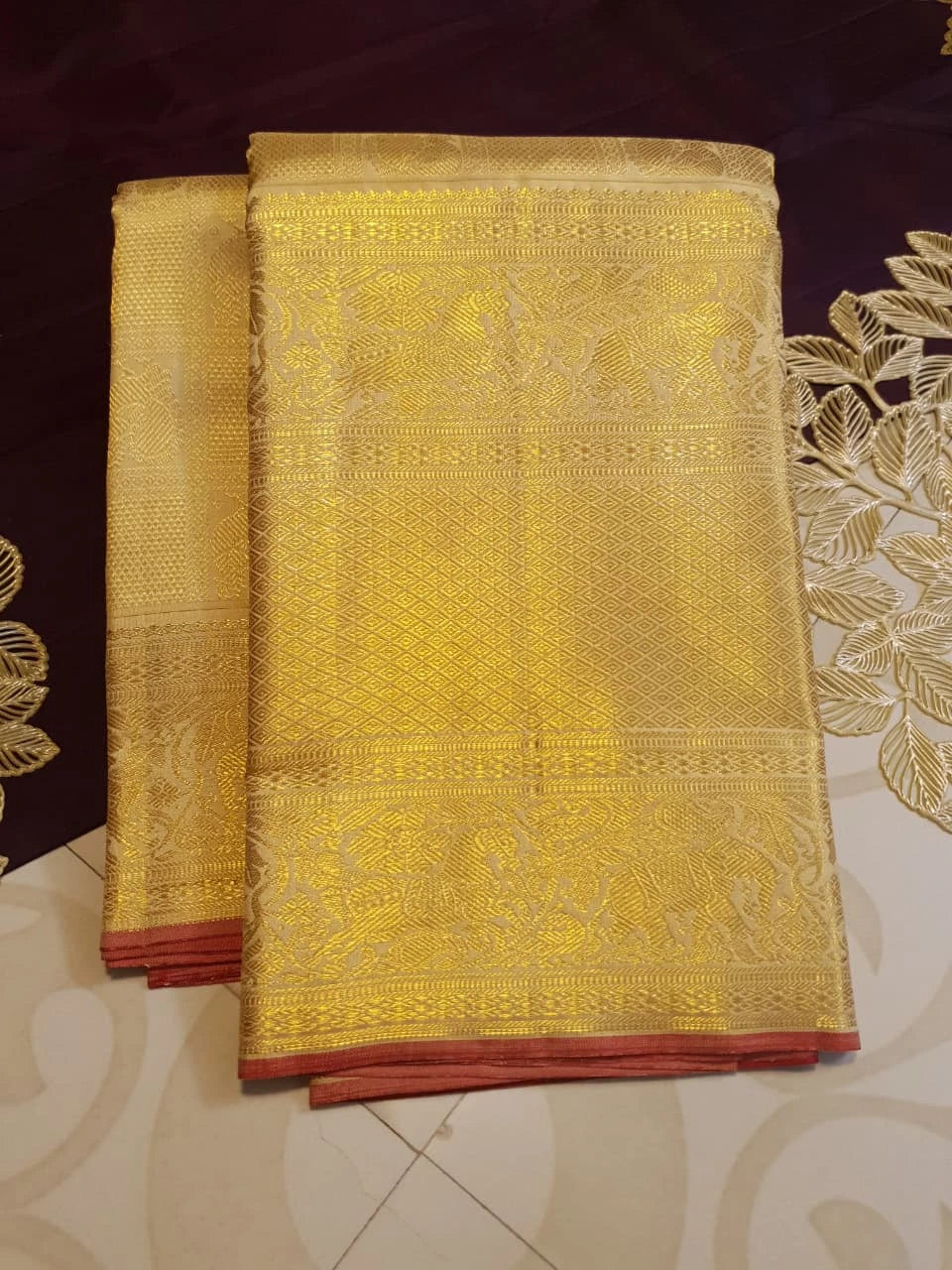 2G Pure Zari Kanjivaram Silk Saree in Golden Yellow with Rich Gold Zari Peacock Motifs, Floral & Geometric Weave Border | Silkmark Certified