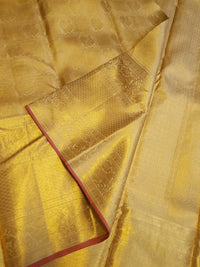 2G Pure Zari Kanjivaram Silk Saree in Golden Yellow with Rich Gold Zari Peacock Motifs, Floral & Geometric Weave Border | Silkmark Certified