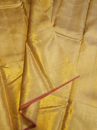 2G Pure Zari Kanjivaram Silk Saree in Golden Yellow with Rich Gold Zari Peacock Motifs, Floral & Geometric Weave Border | Silkmark Certified