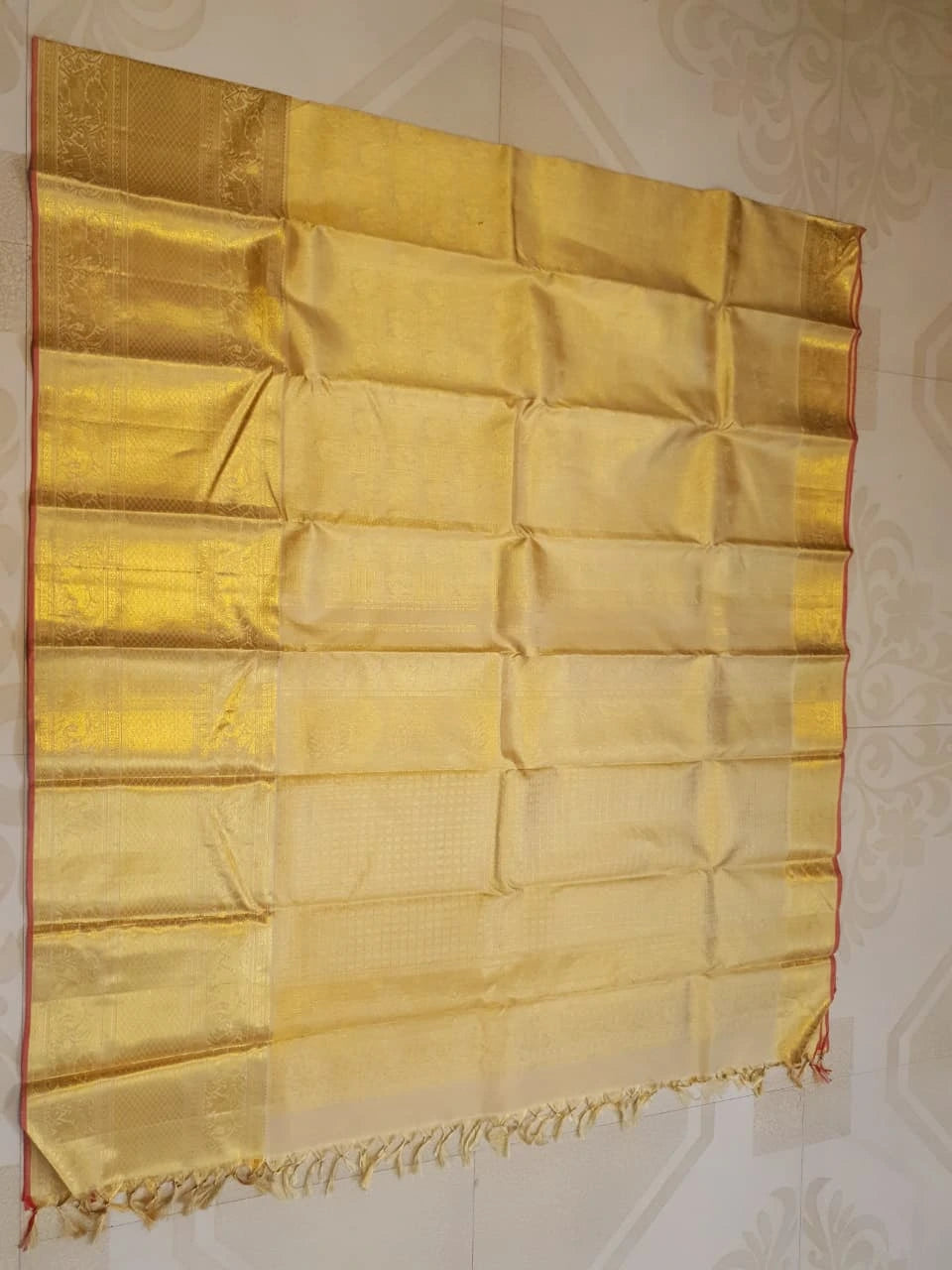 2G Pure Zari Kanjivaram Silk Saree in Golden Yellow with Rich Gold Zari Peacock Motifs, Floral & Geometric Weave Border | Silkmark Certified