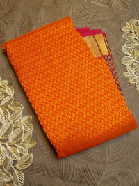 2G Pure Kanjivaram Silk Saree in Bright Orange with Purple Peacock Zari Motifs & Rich Gold Zari Border | Silkmark Certified