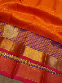 2G Pure Kanjivaram Silk Saree in Bright Orange with Purple Peacock Zari Motifs & Rich Gold Zari Border | Silkmark Certified