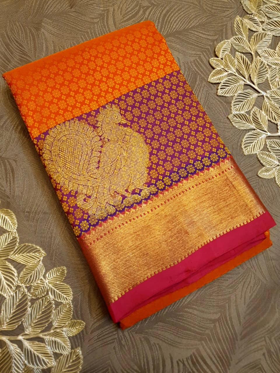 2G Pure Kanjivaram Silk Saree in Bright Orange with Purple Peacock Zari Motifs & Rich Gold Zari Border | Silkmark Certified
