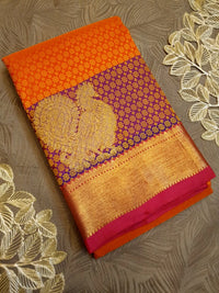 2G Pure Kanjivaram Silk Saree in Bright Orange with Purple Peacock Zari Motifs & Rich Gold Zari Border | Silkmark Certified