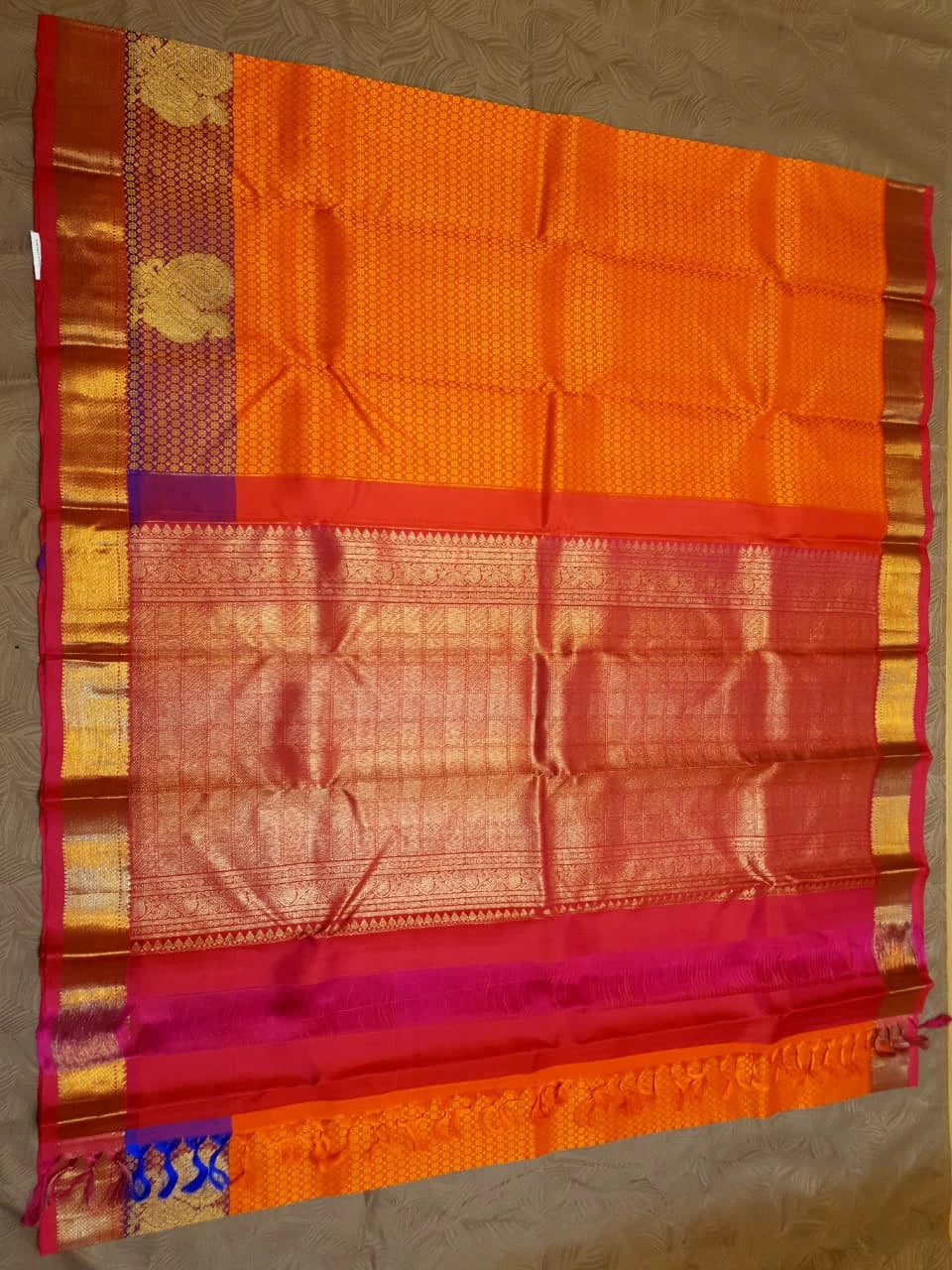 2G Pure Kanjivaram Silk Saree in Bright Orange with Purple Peacock Zari Motifs & Rich Gold Zari Border | Silkmark Certified