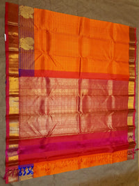 2G Pure Kanjivaram Silk Saree in Bright Orange with Purple Peacock Zari Motifs & Rich Gold Zari Border | Silkmark Certified