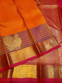 2G Pure Kanjivaram Silk Saree in Bright Orange with Purple Peacock Zari Motifs & Rich Gold Zari Border | Silkmark Certified