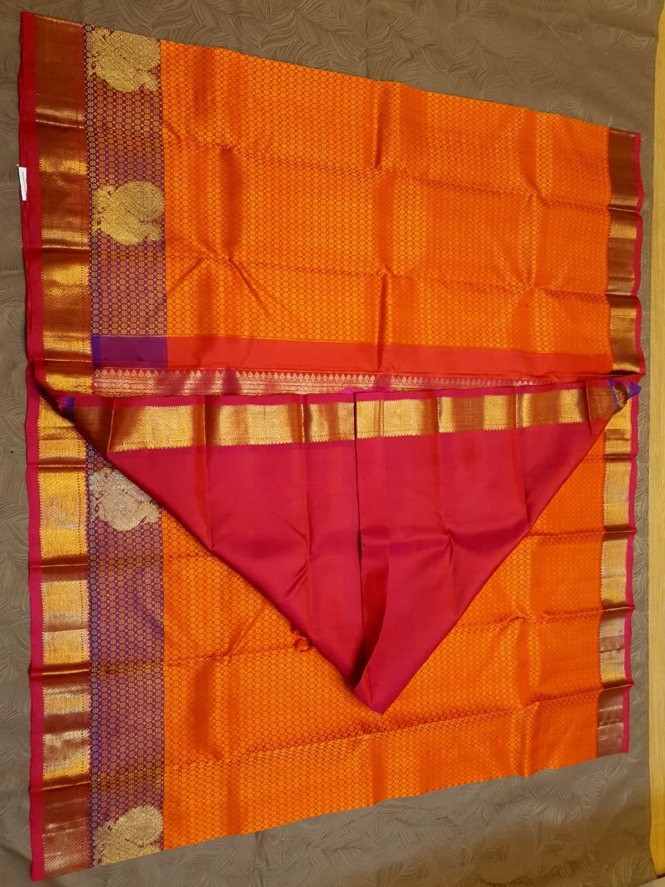 2G Pure Kanjivaram Silk Saree in Bright Orange with Purple Peacock Zari Motifs & Rich Gold Zari Border | Silkmark Certified