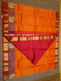 2G Pure Kanjivaram Silk Saree in Bright Orange with Purple Peacock Zari Motifs & Rich Gold Zari Border | Silkmark Certified