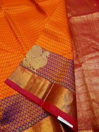 2G Pure Kanjivaram Silk Saree in Bright Orange with Purple Peacock Zari Motifs & Rich Gold Zari Border | Silkmark Certified