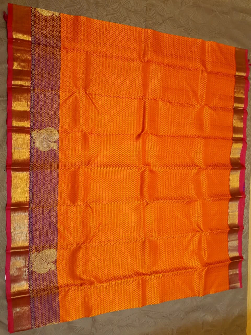 2G Pure Kanjivaram Silk Saree in Bright Orange with Purple Peacock Zari Motifs & Rich Gold Zari Border | Silkmark Certified
