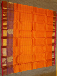 2G Pure Kanjivaram Silk Saree in Bright Orange with Purple Peacock Zari Motifs & Rich Gold Zari Border | Silkmark Certified
