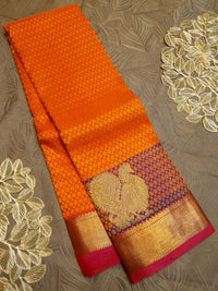 2G Pure Kanjivaram Silk Saree in Bright Orange with Purple Peacock Zari Motifs & Rich Gold Zari Border | Silkmark Certified