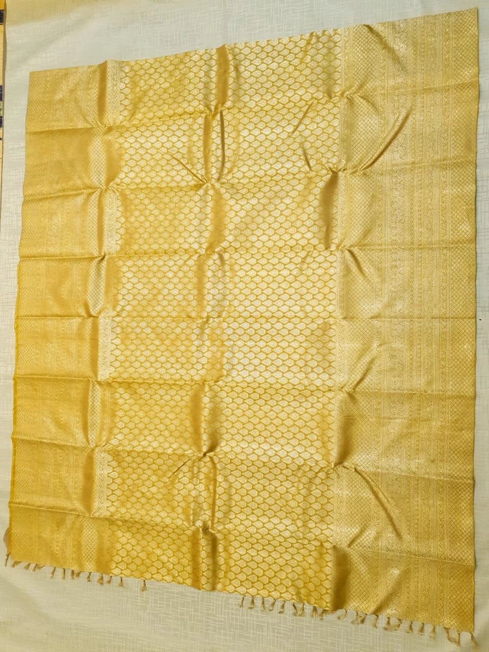 2G Pure  Kanjivaram Silk Saree in Golden Yellow with Full-Body Leaf Motifs & Rich Gold Zari Peacock  Border | Silkmark Certified