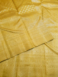 2G Pure  Kanjivaram Silk Saree in Golden Yellow with Full-Body Leaf Motifs & Rich Gold Zari Peacock  Border | Silkmark Certified