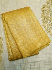2G Pure  Kanjivaram Silk Saree in Golden Yellow with Full-Body Leaf Motifs & Rich Gold Zari Peacock  Border | Silkmark Certified
