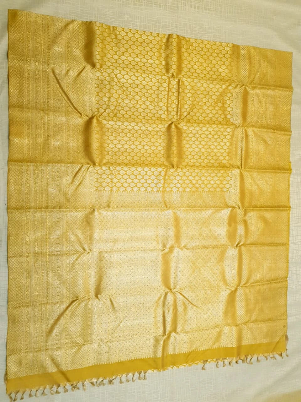 2G Pure  Kanjivaram Silk Saree in Golden Yellow with Full-Body Leaf Motifs & Rich Gold Zari Peacock  Border | Silkmark Certified