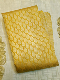 2G Pure  Kanjivaram Silk Saree in Golden Yellow with Full-Body Leaf Motifs & Rich Gold Zari Peacock  Border | Silkmark Certified