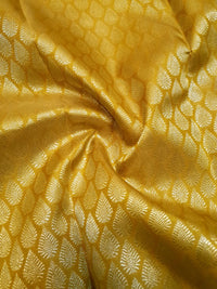 2G Pure  Kanjivaram Silk Saree in Golden Yellow with Full-Body Leaf Motifs & Rich Gold Zari Peacock  Border | Silkmark Certified