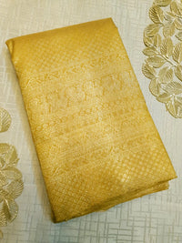 2G Pure  Kanjivaram Silk Saree in Golden Yellow with Full-Body Leaf Motifs & Rich Gold Zari Peacock  Border | Silkmark Certified