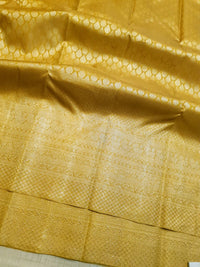 2G Pure  Kanjivaram Silk Saree in Golden Yellow with Full-Body Leaf Motifs & Rich Gold Zari Peacock  Border | Silkmark Certified