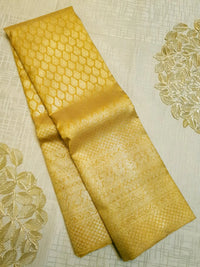 2G Pure  Kanjivaram Silk Saree in Golden Yellow with Full-Body Leaf Motifs & Rich Gold Zari Peacock  Border | Silkmark Certified