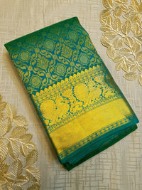 2G Pure Kanjivaram Silk Saree in Peacock Green with Full-Body Floral Zari Weave & Peacock Zari Border | Silkmark Certified