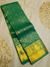 2G Pure Kanjivaram Silk Saree in Peacock Green with Full-Body Floral Zari Weave & Peacock Zari Border | Silkmark Certified