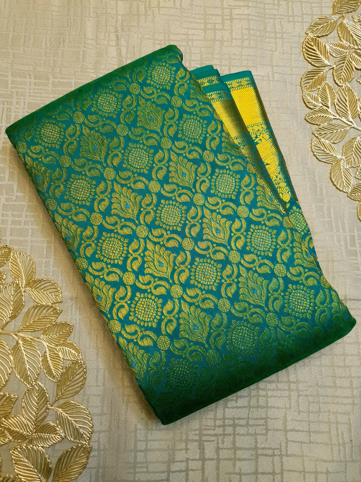 2G Pure Kanjivaram Silk Saree in Peacock Green with Full-Body Floral Zari Weave & Peacock Zari Border | Silkmark Certified
