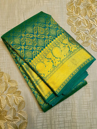 2G Pure Kanjivaram Silk Saree in Peacock Green with Full-Body Floral Zari Weave & Peacock Zari Border | Silkmark Certified