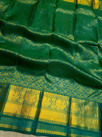 2G Pure Kanjivaram Silk Saree in Peacock Green with Full-Body Floral Zari Weave & Peacock Zari Border | Silkmark Certified