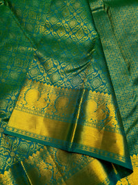 2G Pure Kanjivaram Silk Saree in Peacock Green with Full-Body Floral Zari Weave & Peacock Zari Border | Silkmark Certified