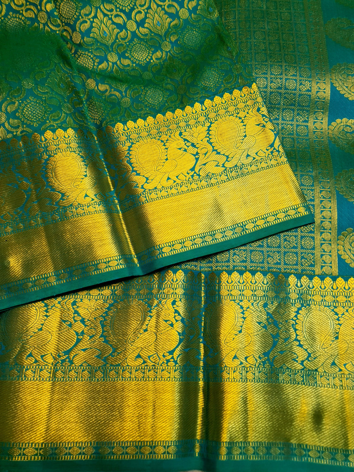 2G Pure Kanjivaram Silk Saree in Peacock Green with Full-Body Floral Zari Weave & Peacock Zari Border | Silkmark Certified