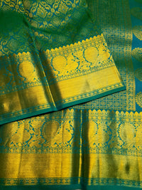 2G Pure Kanjivaram Silk Saree in Peacock Green with Full-Body Floral Zari Weave & Peacock Zari Border | Silkmark Certified