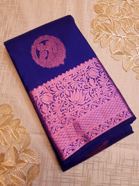 2G Pure  Kanjivaram Silk Saree in Royal Blue with Pink Amma Kuzhanthai Zari Buttas & Rich Pink Zari Border | Silkmark Certified