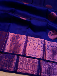 2G Pure  Kanjivaram Silk Saree in Royal Blue with Pink Amma Kuzhanthai Zari Buttas & Rich Pink Zari Border | Silkmark Certified