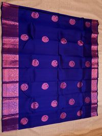 2G Pure  Kanjivaram Silk Saree in Royal Blue with Pink Amma Kuzhanthai Zari Buttas & Rich Pink Zari Border | Silkmark Certified